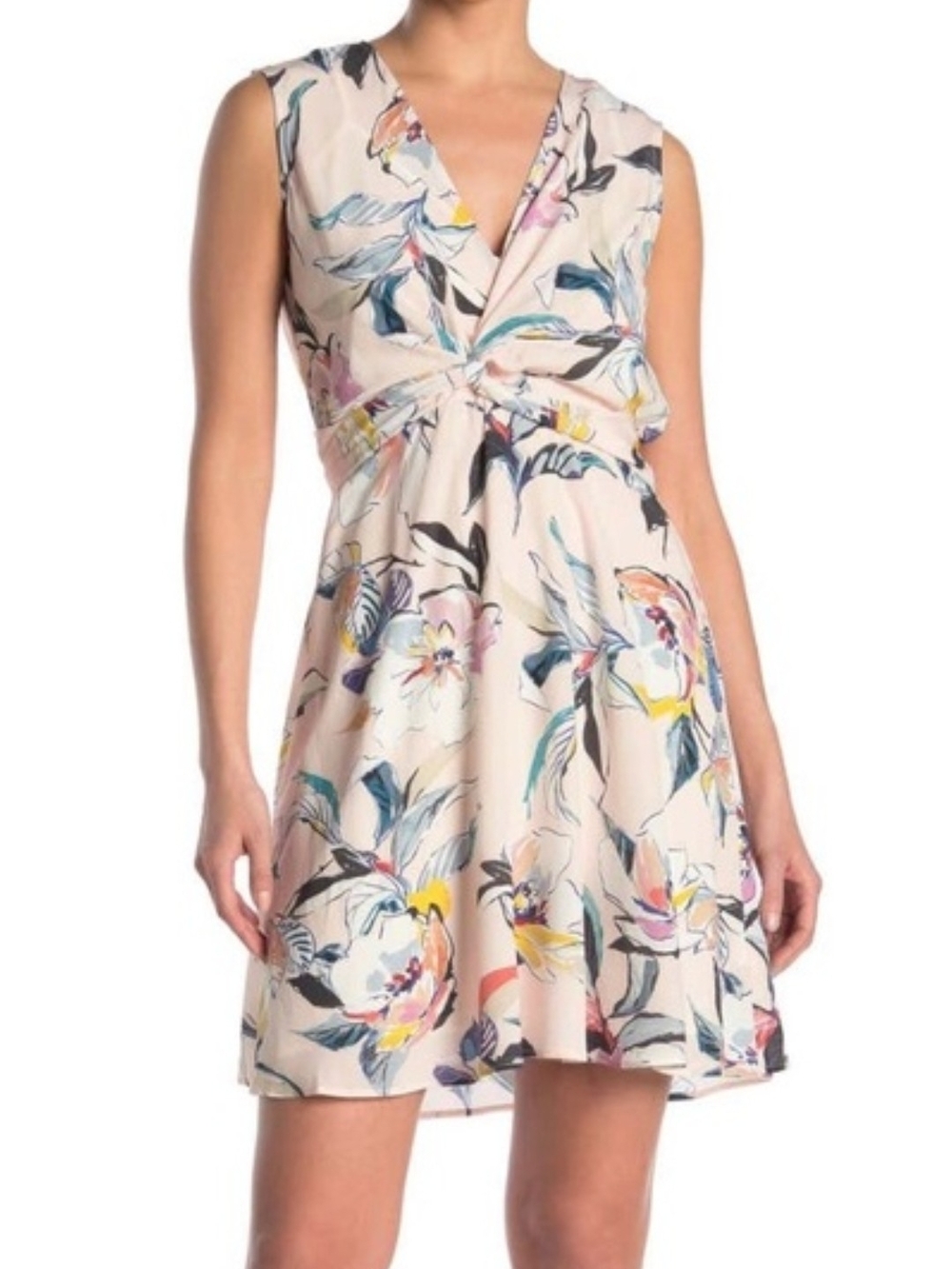 Amour Vert Mulberry Silk Blush Floral Twist-Front Elsie Mini Dress